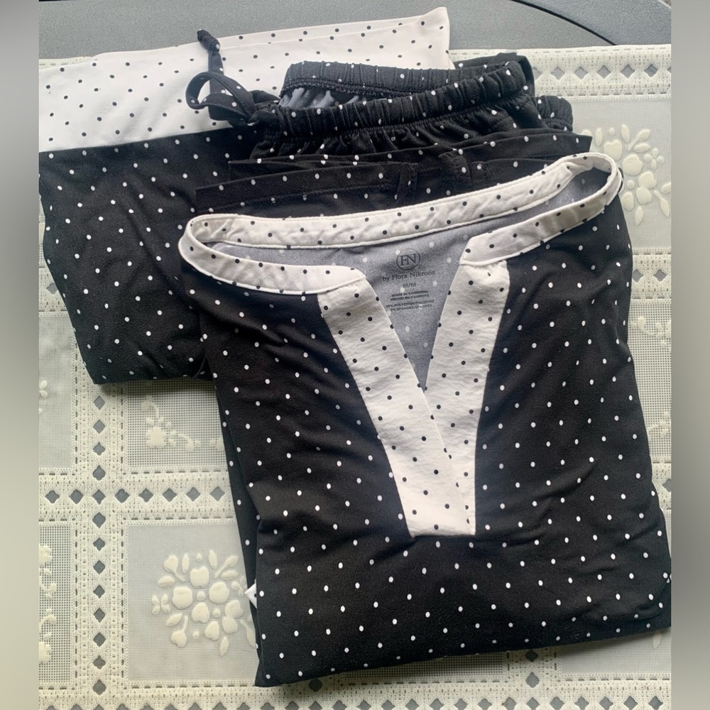 Flora Nikrooz 2 Piece Pajama Set B&W Polka Dot Crop Pants Kimono Top M/M